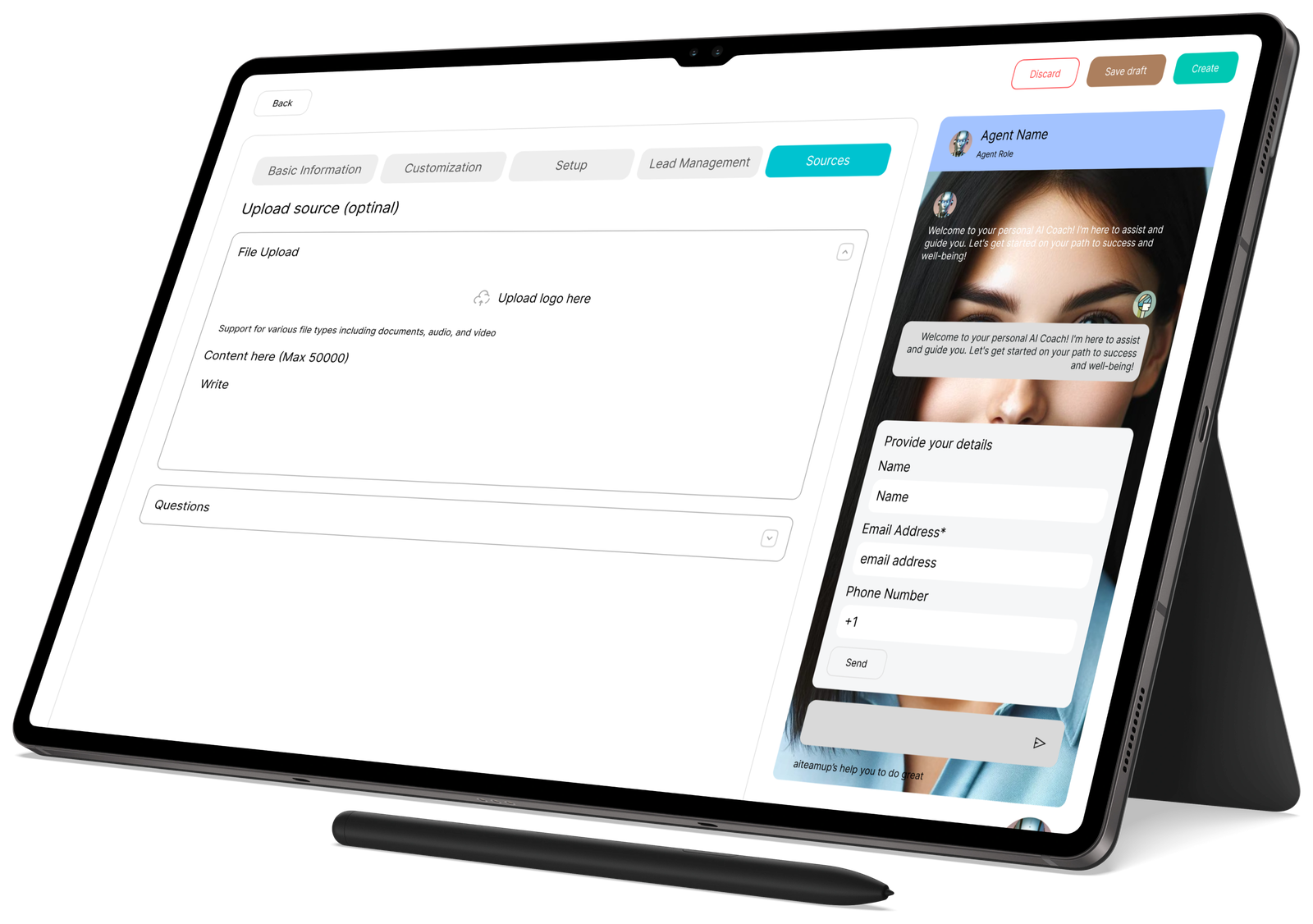 AI Agentic Platform: agent builder on a tablet with live chat preview