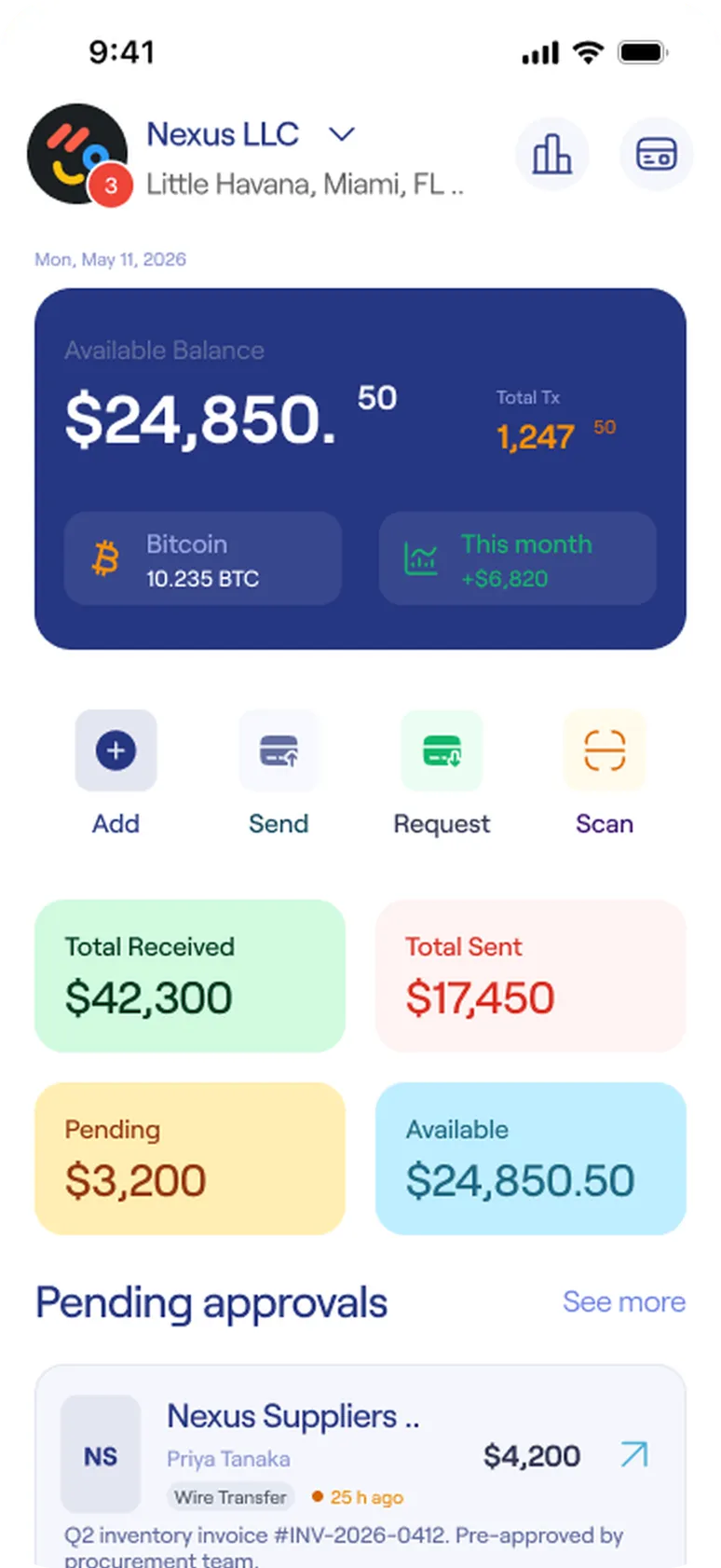 Business dashboard with balance, four overview cards and pending approvals