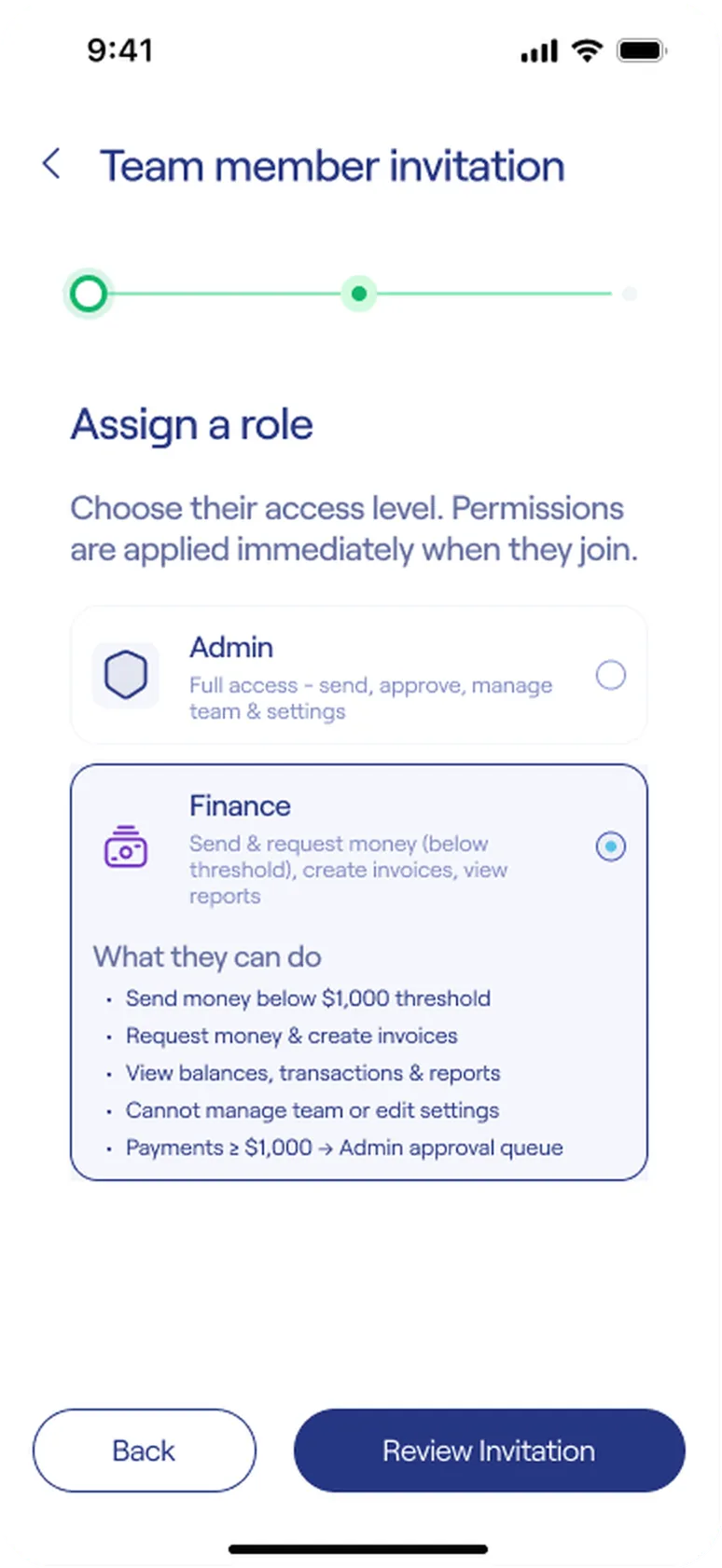 Assign a role step with Finance selected and its permissions listed
