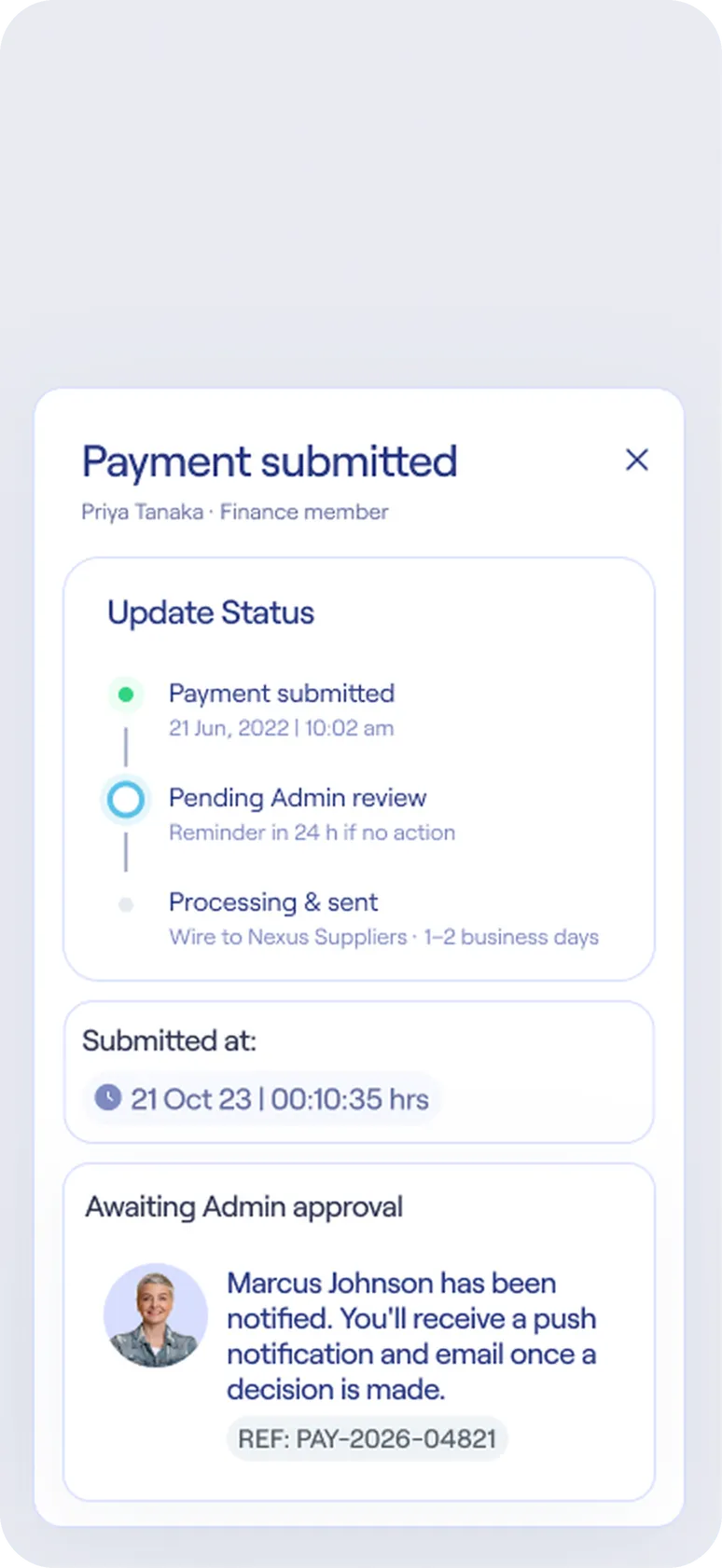 The requester's payment status timeline